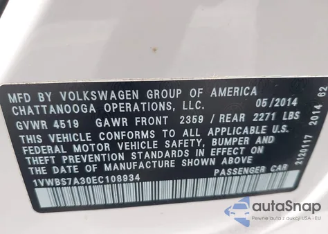 2014 Volkswagen Passat 1.8T Se z USA, uszkodzony, nr VIN 1VWBS7A30EC108934